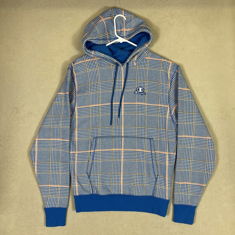 Champion Classic Fleece Print Hoodie Mens‎ S Blue Plaid Pouch Pocket